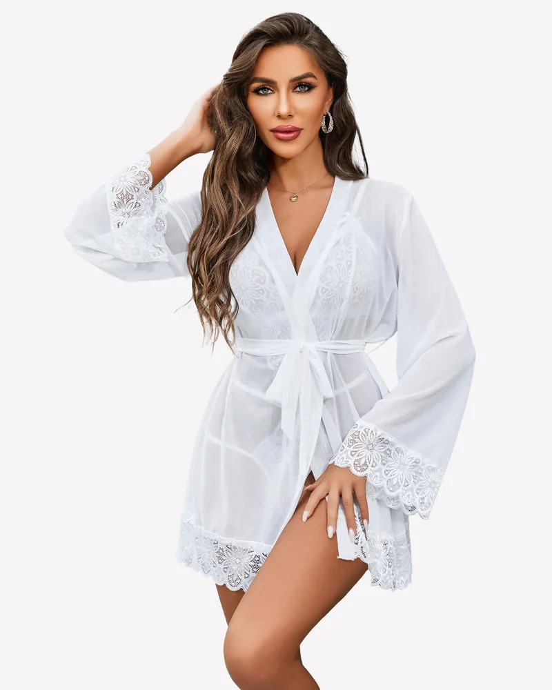2 Piece Set Lace Teddy with Mesh Robe