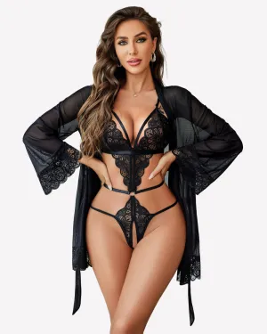 2 Piece Set Lace Teddy with Mesh Robe