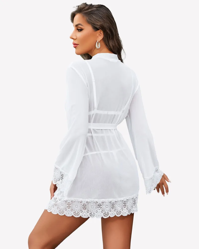 2 Piece Set Lace Teddy with Mesh Robe