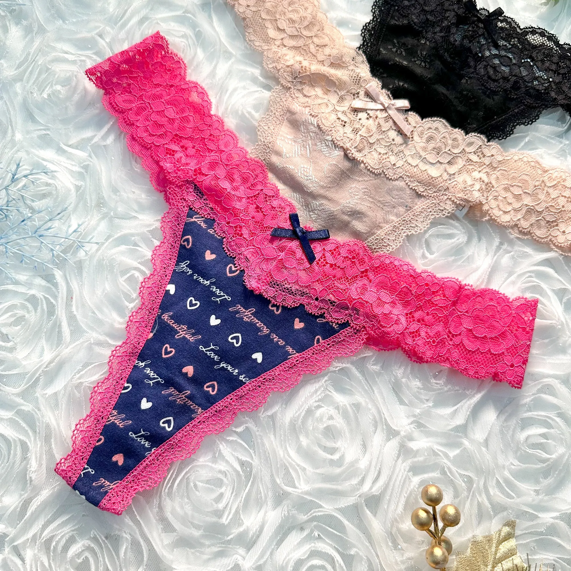 3 Pack T Back Lace Low Waist Cotton Seamless Thongs