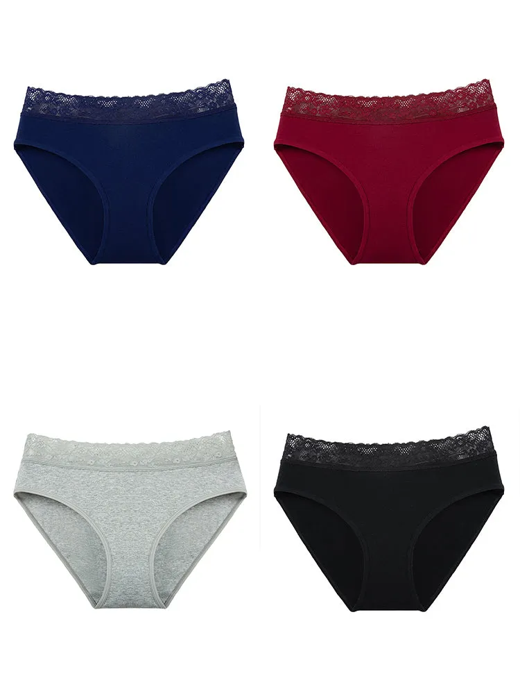 4 Packs Women's Flattering Lace Cotton Stretch Panties