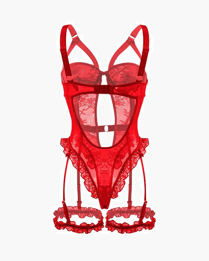 Backless Lace Garter Teddy With Leg Rings