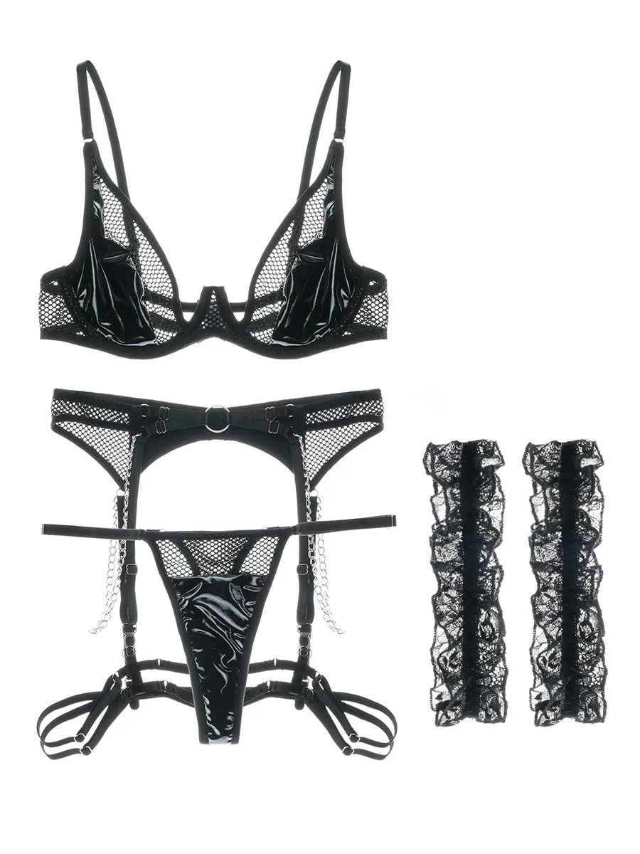 Black Lingerie Leather Mesh Hollow Set