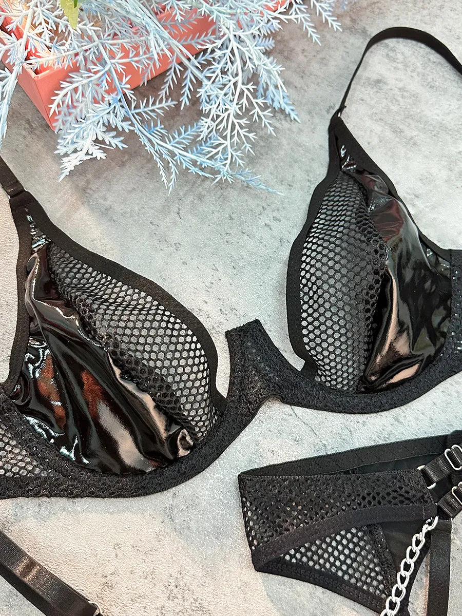 Black Lingerie Leather Mesh Hollow Set