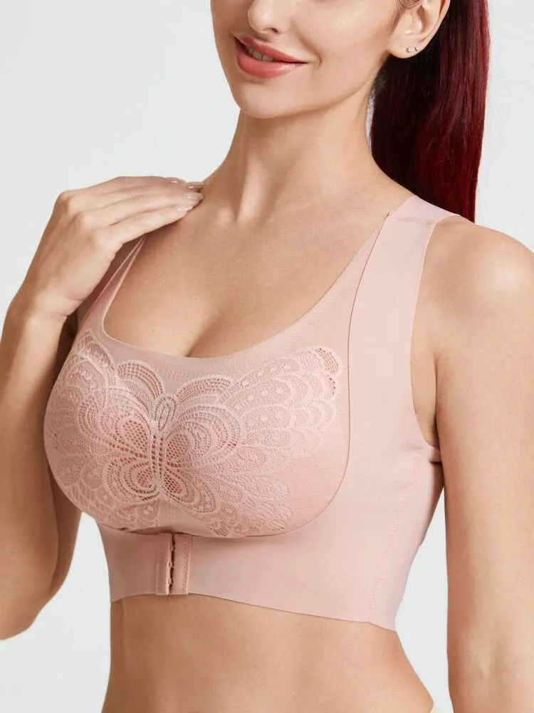 Butterfly Lace Front Closure Back Criss Cross Bras with Removable Pad