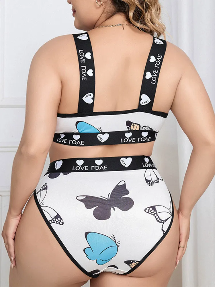 Butterfly Print Letter Tape Bra & Panty Lingerie Set
