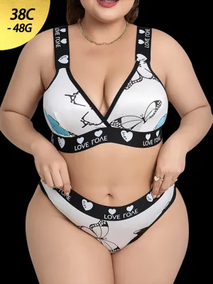Butterfly Print Letter Tape Bra & Panty Lingerie Set