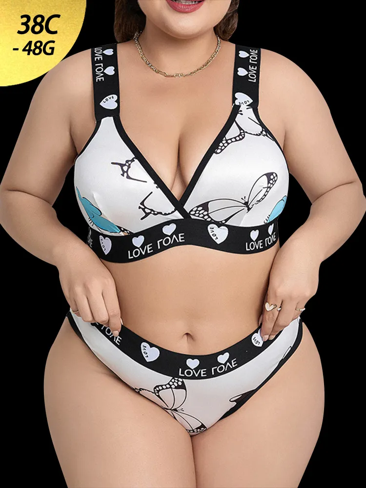 Butterfly Print Letter Tape Bra & Panty Lingerie Set