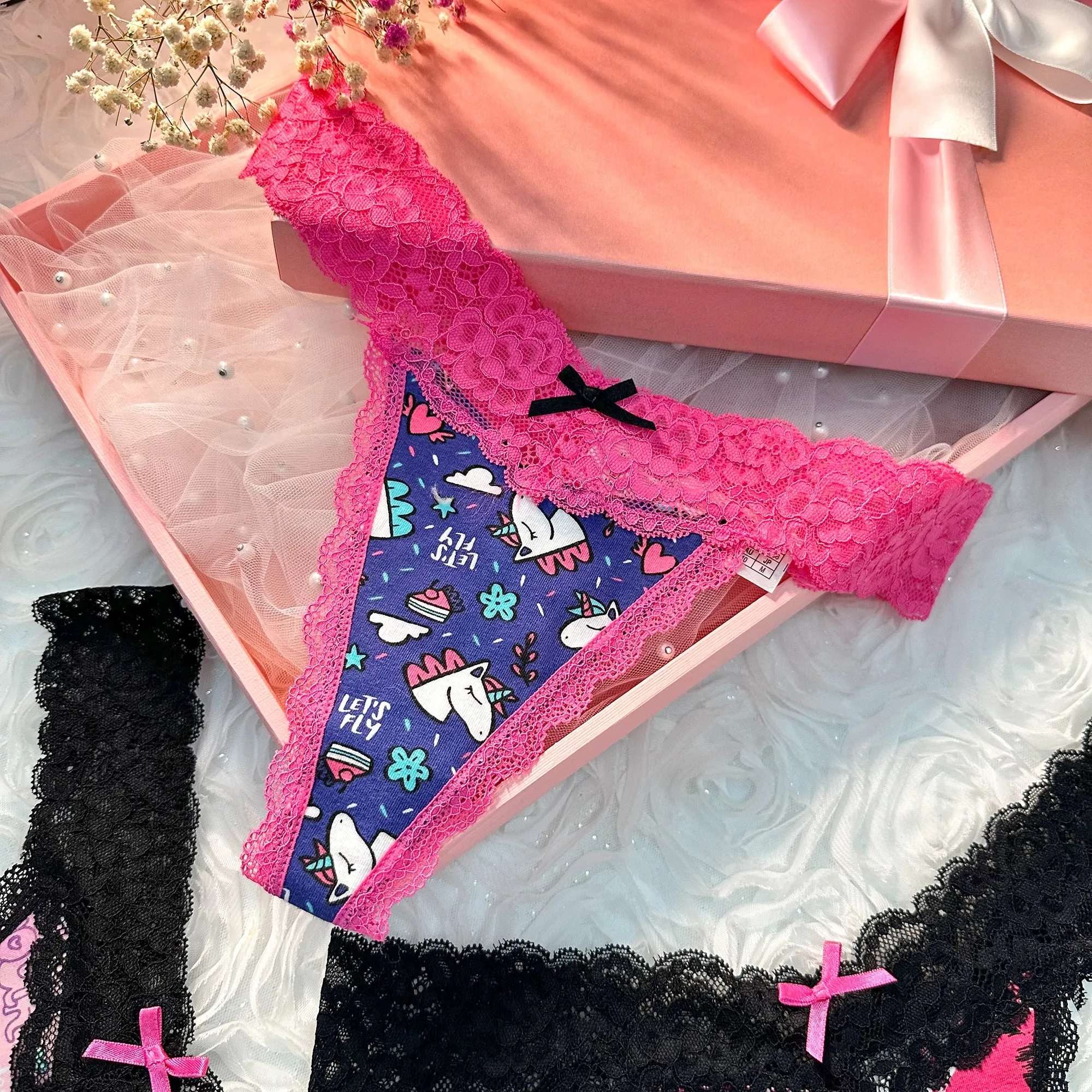 Cartoon Print T Back Lace Low Waist Cotton Seamless 3 Pack Thongs