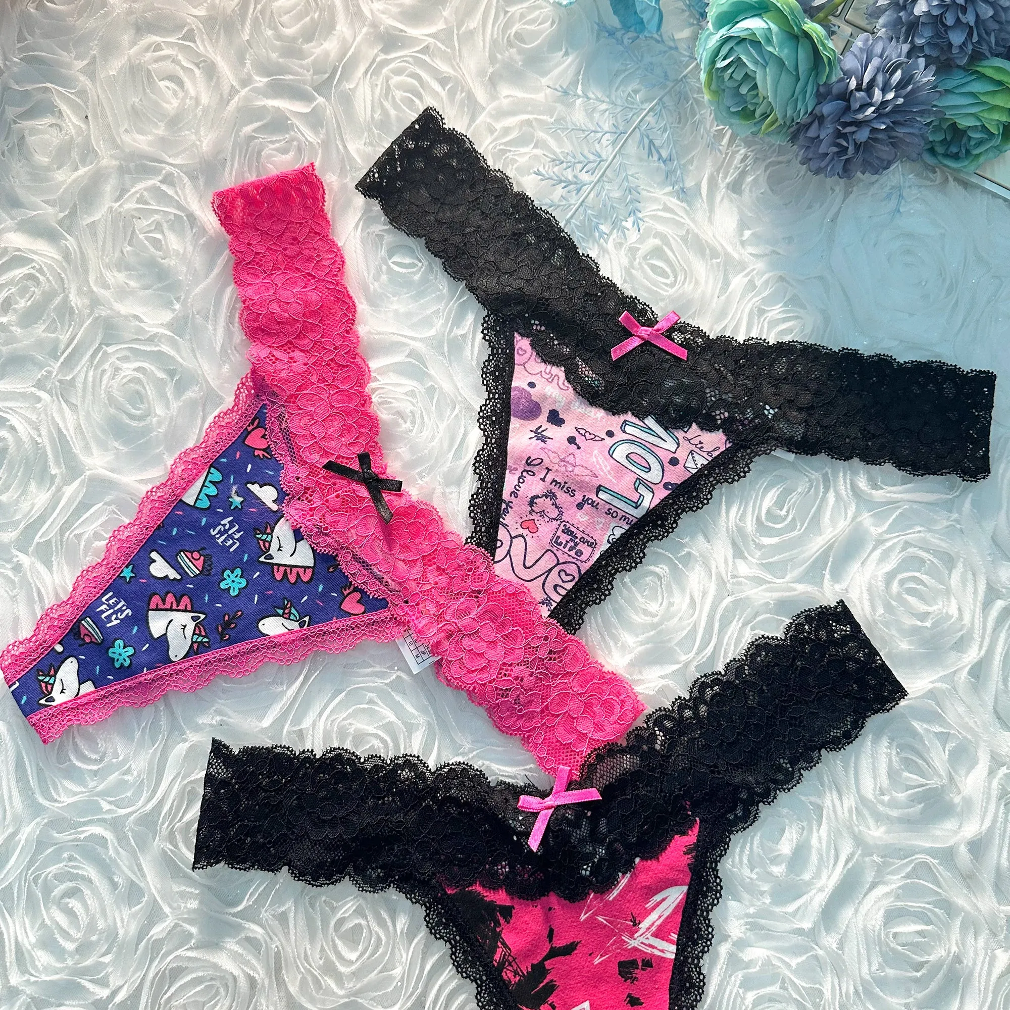 Cartoon Print T Back Lace Low Waist Cotton Seamless 3 Pack Thongs