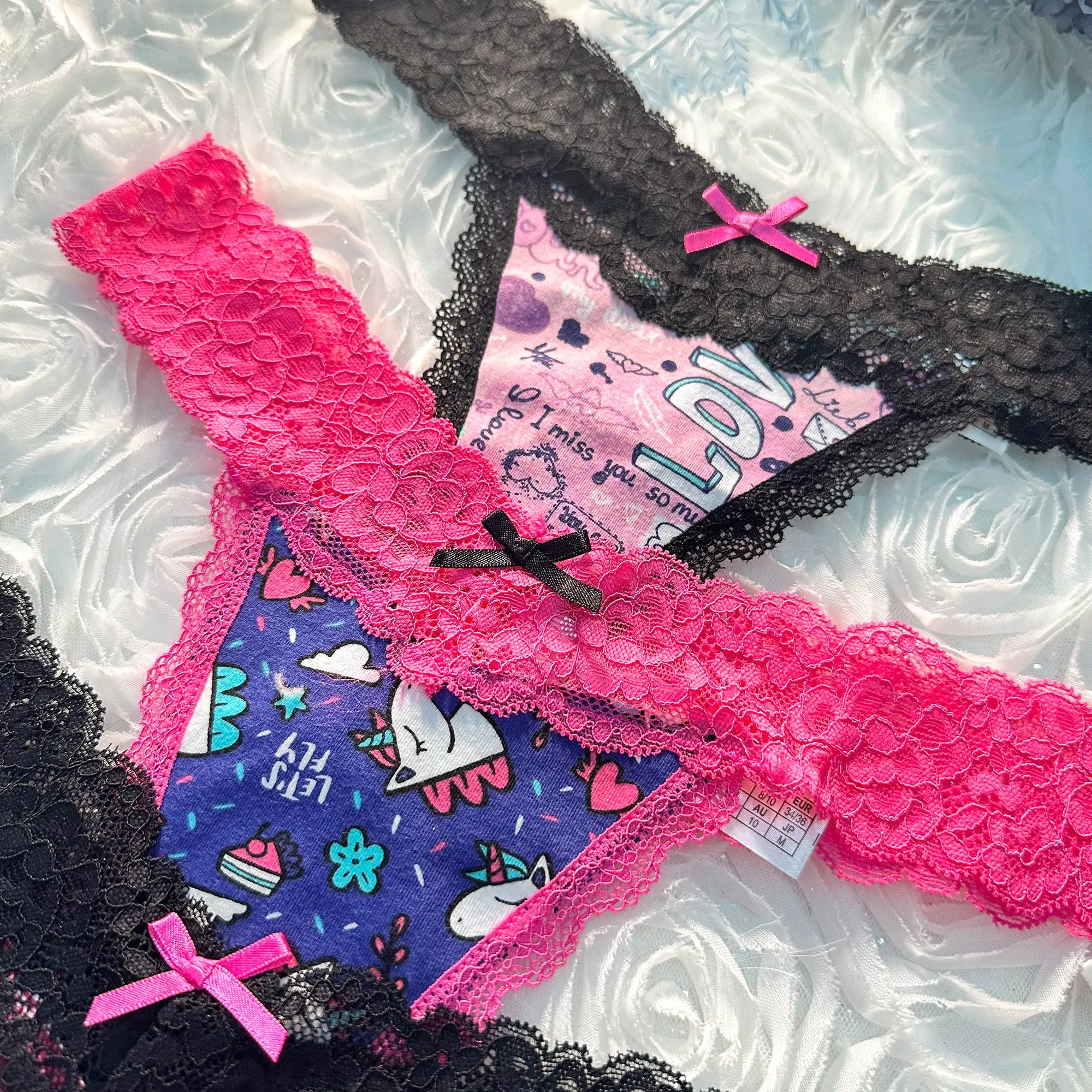 Cartoon Print T Back Lace Low Waist Cotton Seamless 3 Pack Thongs