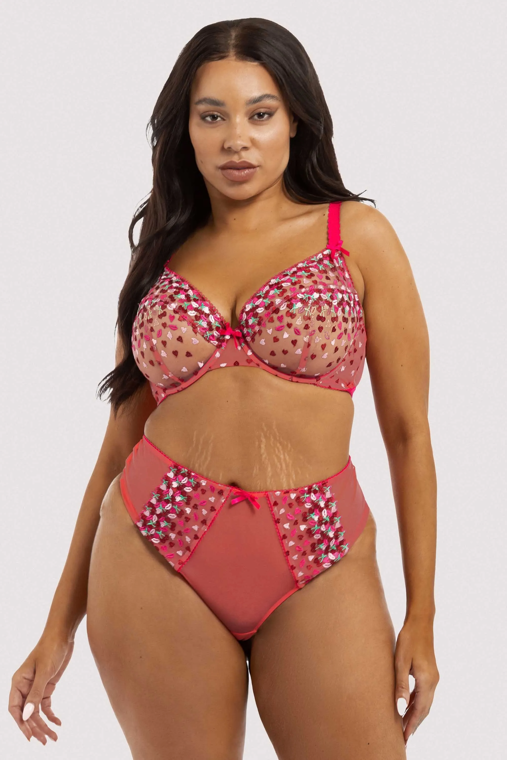 Cherry Embroidery Coral Highwaisted Thong