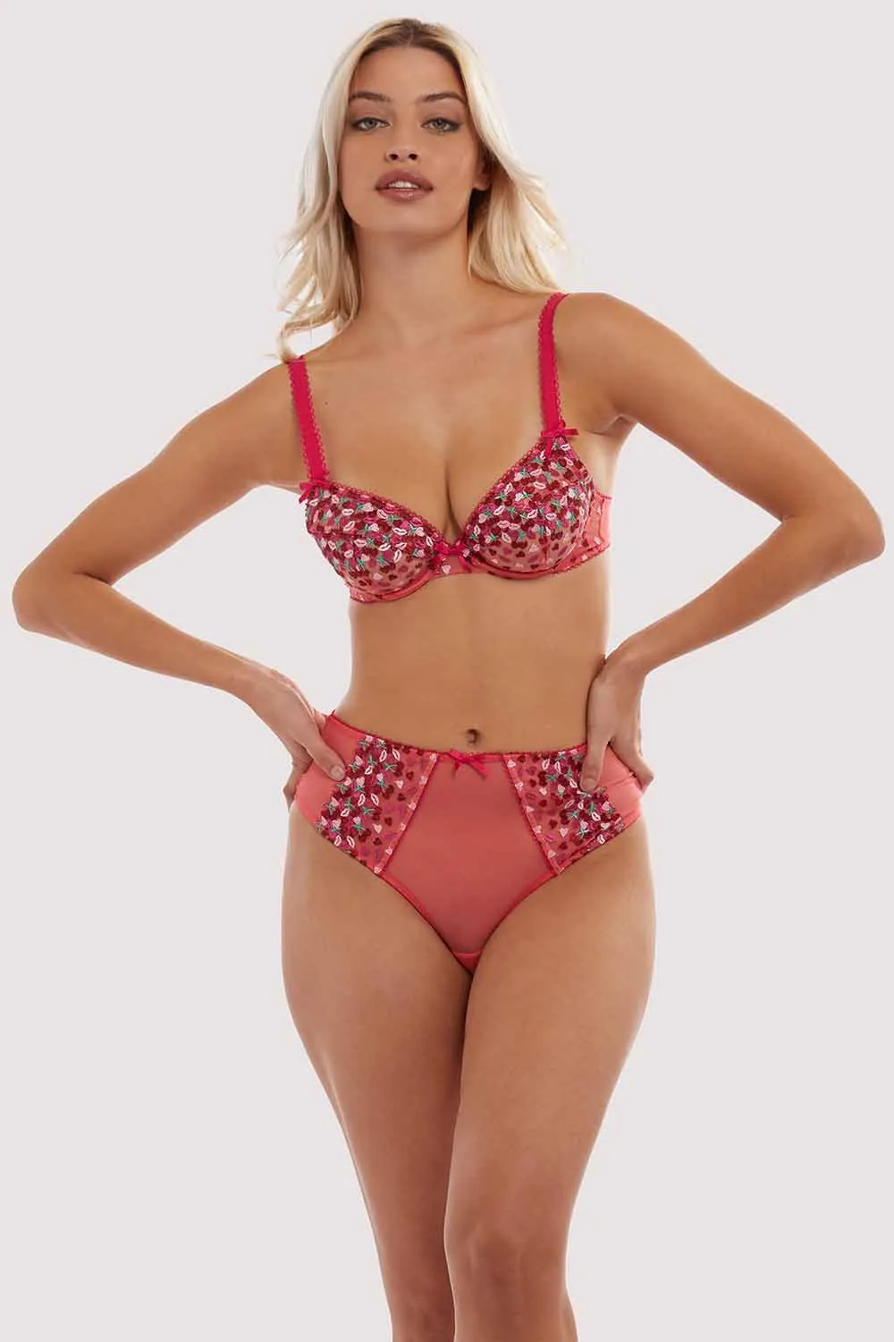 Cherry Embroidery Coral Highwaisted Thong