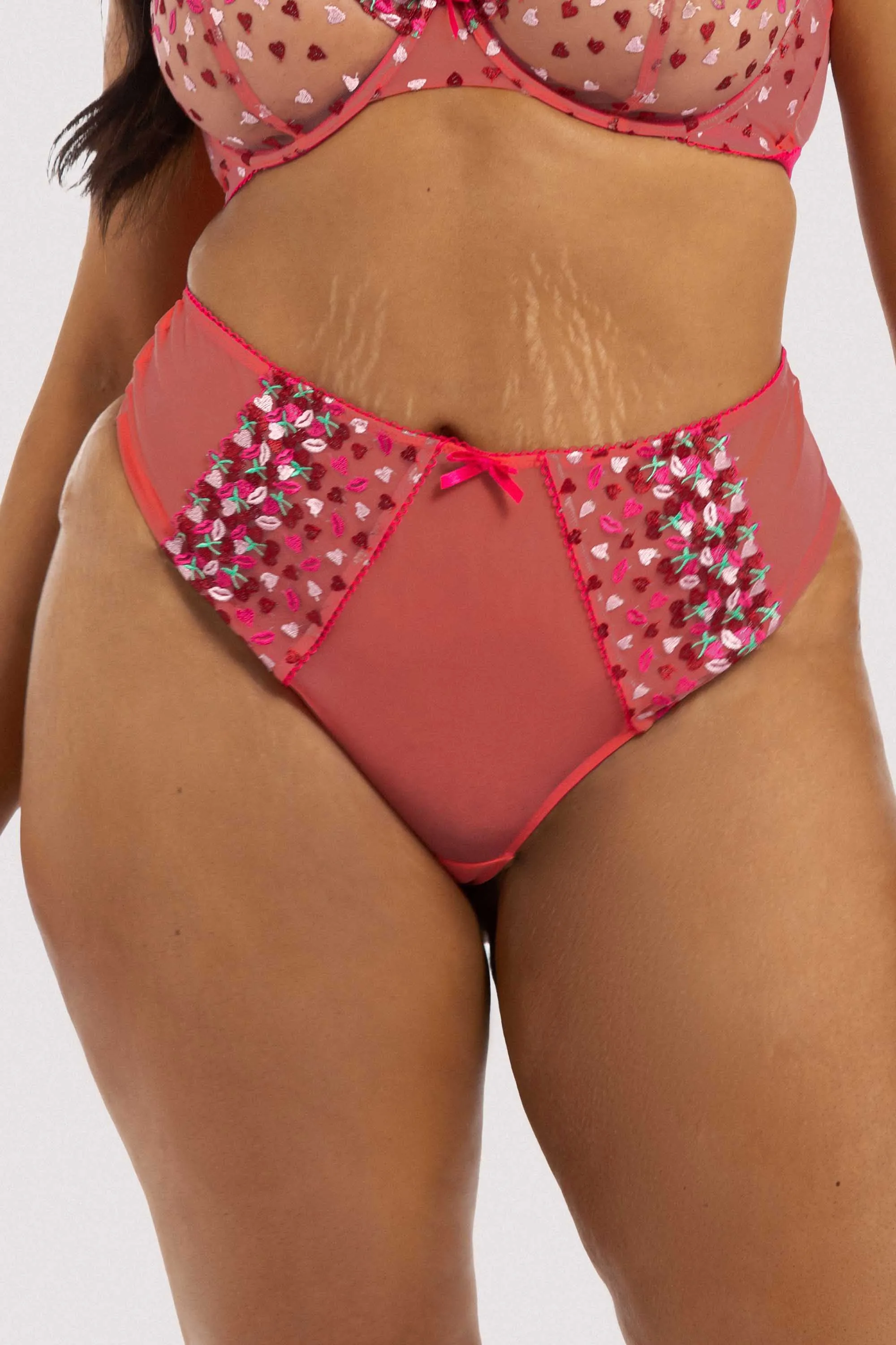 Cherry Embroidery Coral Highwaisted Thong