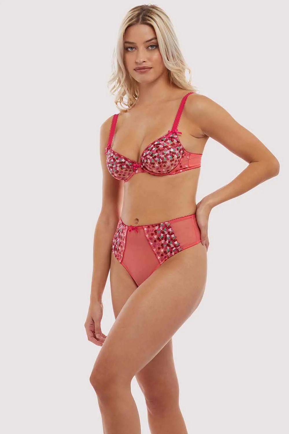 Cherry Embroidery Coral Highwaisted Thong