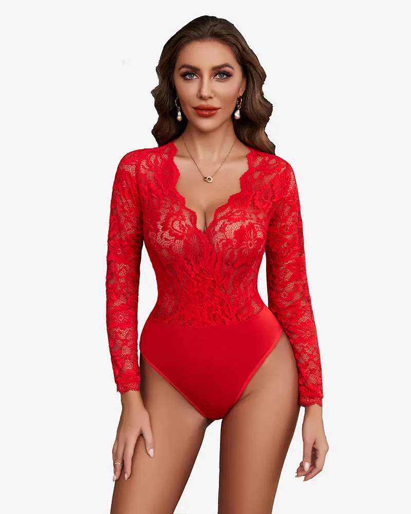 Deep V Snap Crotch Lace Bodysuit