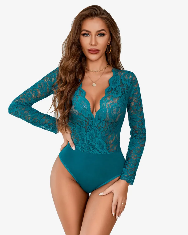 Deep V Snap Crotch Lace Bodysuit