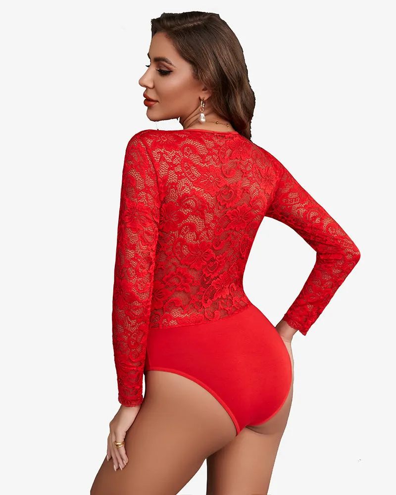 Deep V Snap Crotch Lace Bodysuit