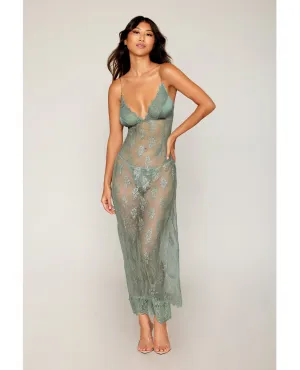 Dreamgirl Eyelash Lace & Satin Long Chemise Set Sage Green