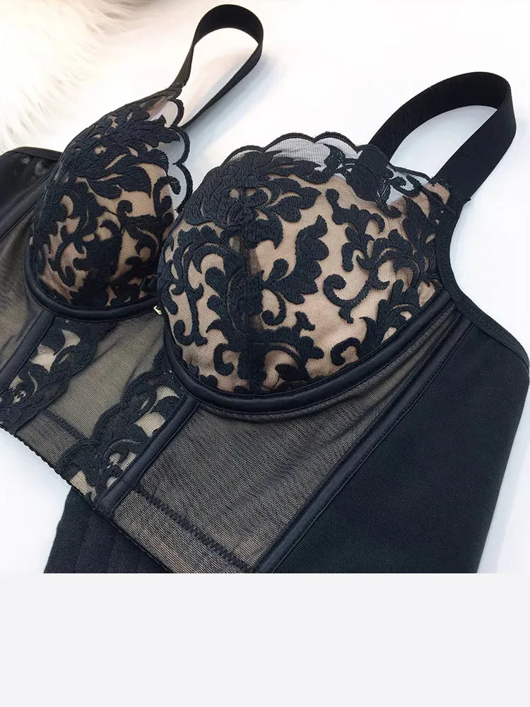 Elegant Solid Color Lace Side Support Longline Bra