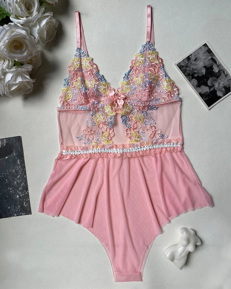 Embroidered Floral Lace Bodysuit Lingerie