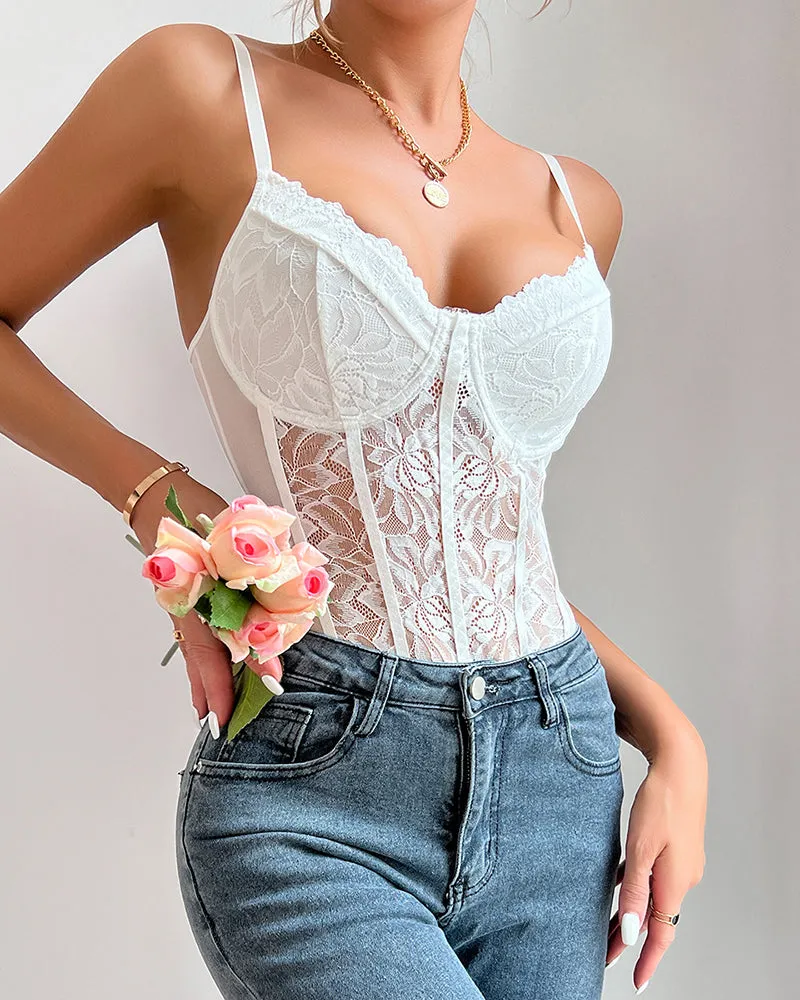 Floral Lace Mesh Bustier Bodysuits