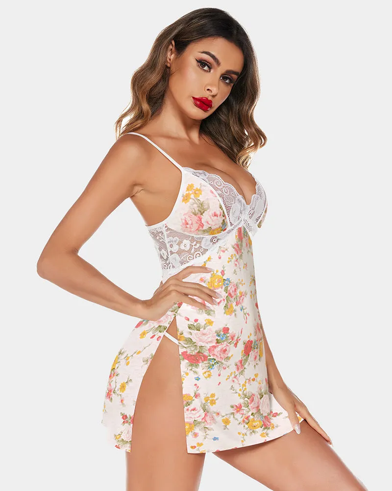 Flower Print Lace Side Slit Sleepwear