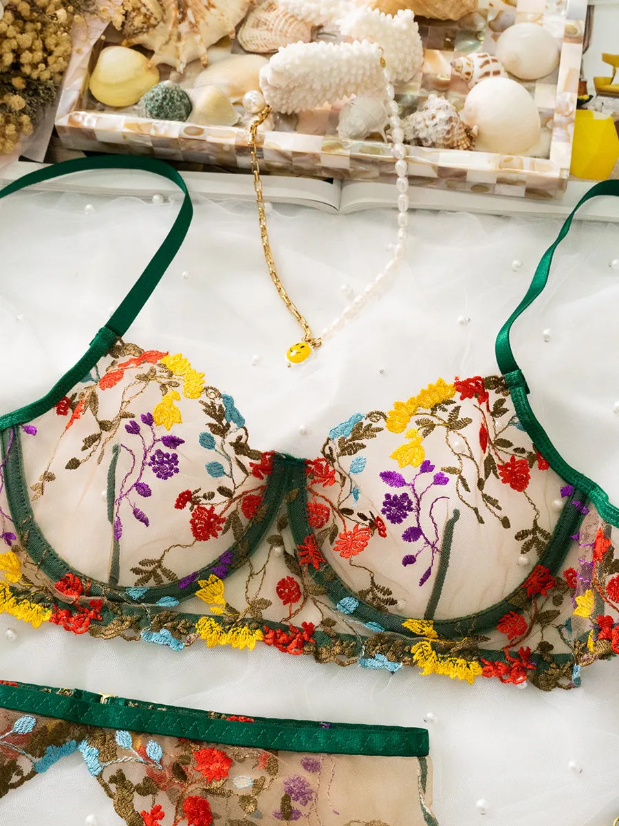 Green Floral Embroidery Lace Cup Lingerie Set