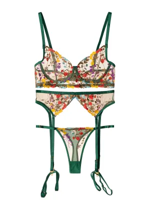 Green Floral Embroidery Lace Cup Lingerie Set