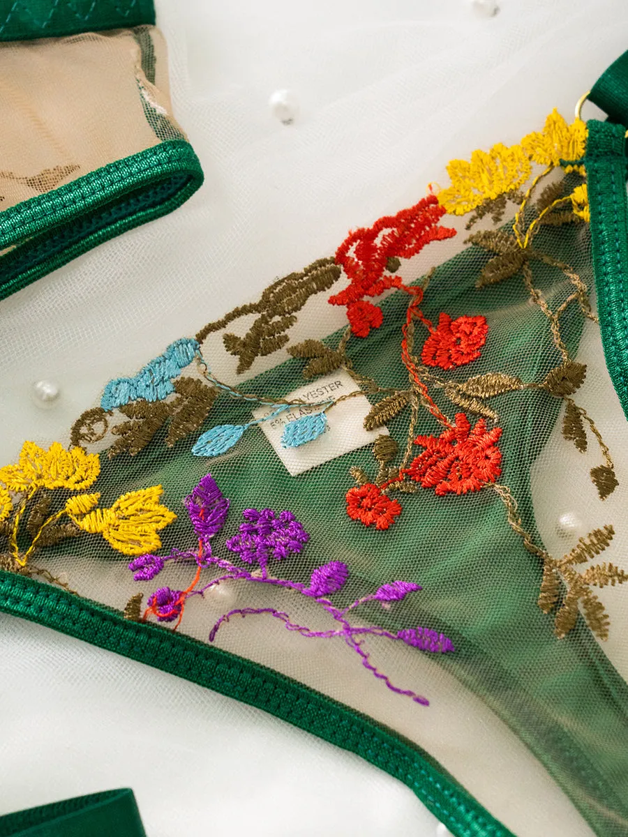 Green Floral Embroidery Lace Cup Lingerie Set