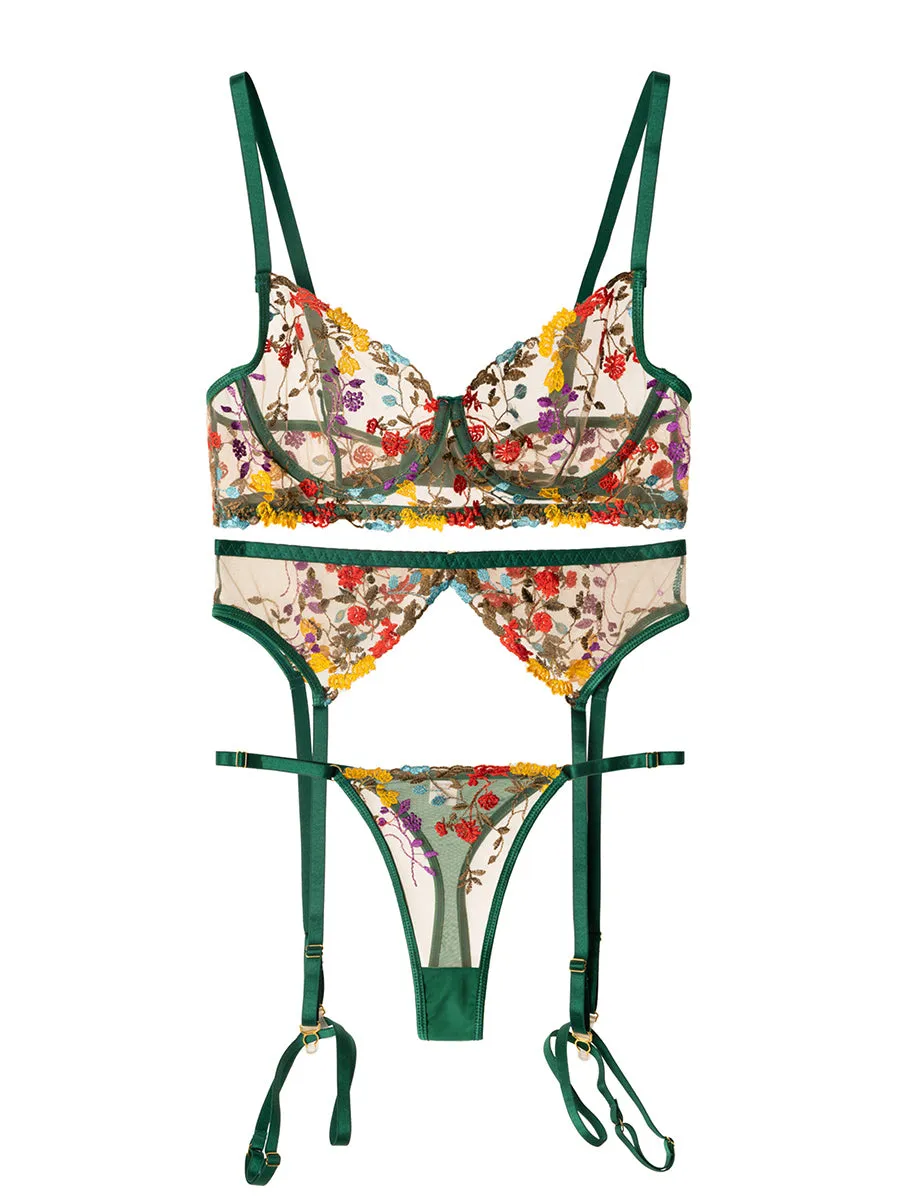 Green Floral Embroidery Lace Cup Lingerie Set