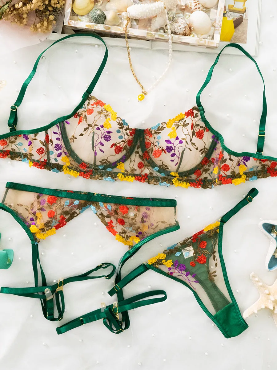 Green Floral Embroidery Lace Cup Lingerie Set