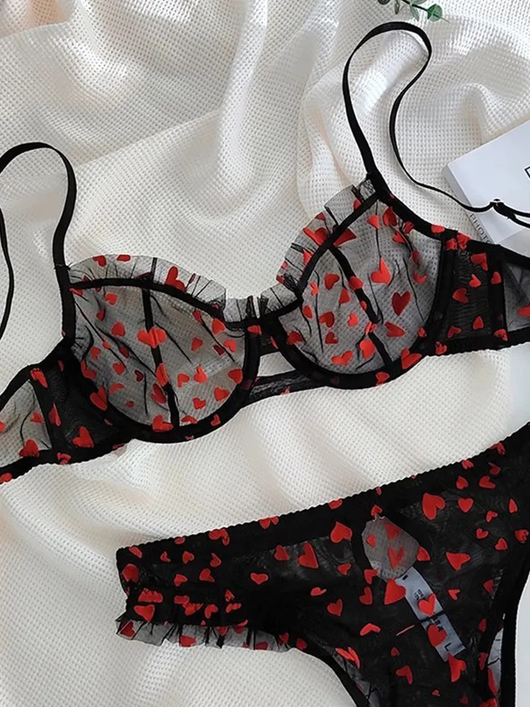 Heart-shaped Printed Mesh Lace Sexy Lingerie Set