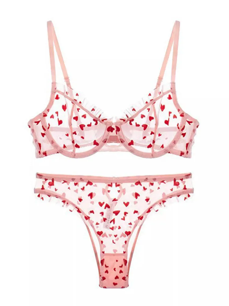 Heart-shaped Printed Mesh Lace Sexy Lingerie Set
