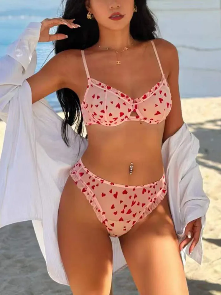 Heart-shaped Printed Mesh Lace Sexy Lingerie Set