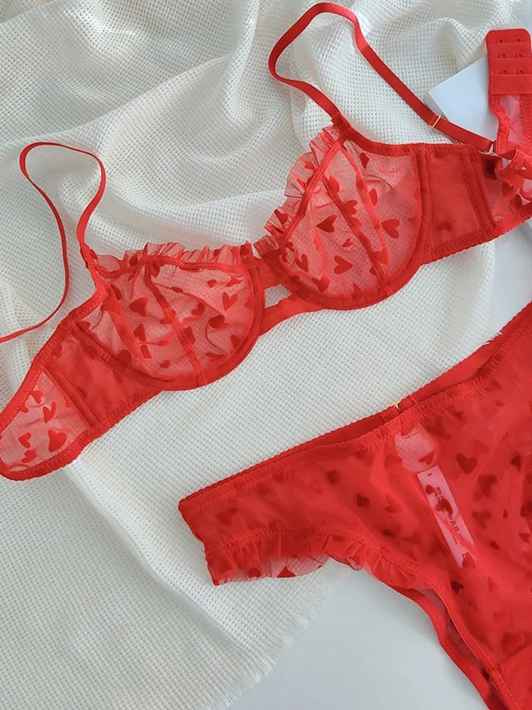 Heart-shaped Printed Mesh Lace Sexy Lingerie Set