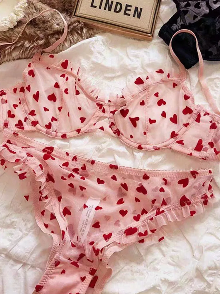 Heart-shaped Printed Mesh Lace Sexy Lingerie Set