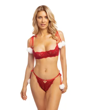Holiday Mistletoe Kiss Underwire Open Shelf Bra & Panty w/Pom Pom
