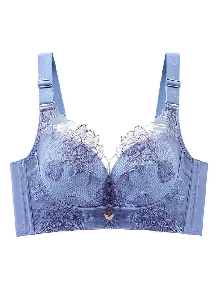 Lace Embroidery Flowers Unpadded Side Support Wireless Bra