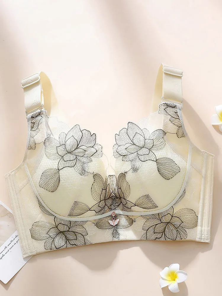 Lace Embroidery Flowers Unpadded Side Support Wireless Bra