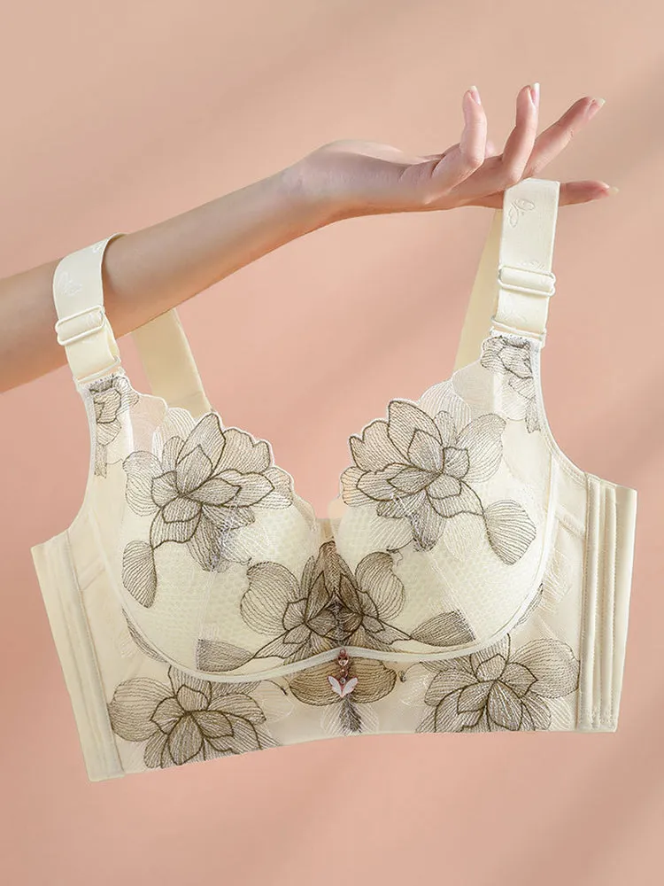 Lace Embroidery Flowers Unpadded Side Support Wireless Bra