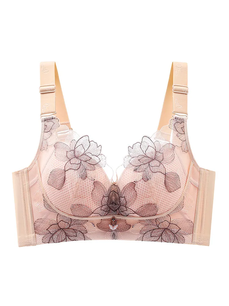 Lace Embroidery Flowers Unpadded Side Support Wireless Bra