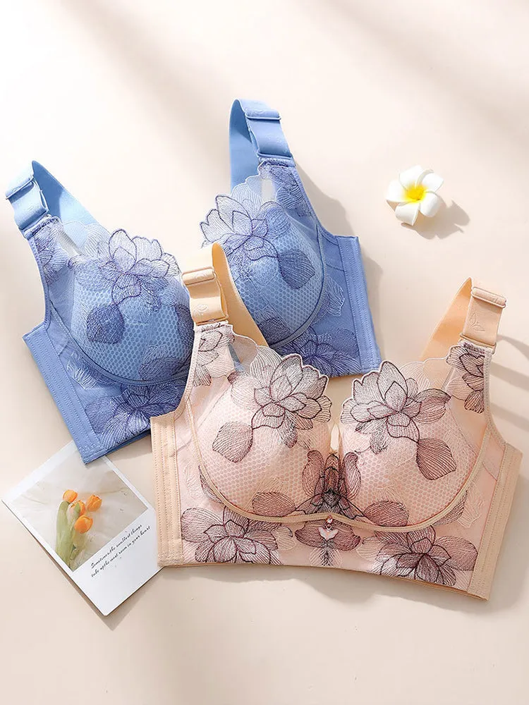 Lace Embroidery Flowers Unpadded Side Support Wireless Bra