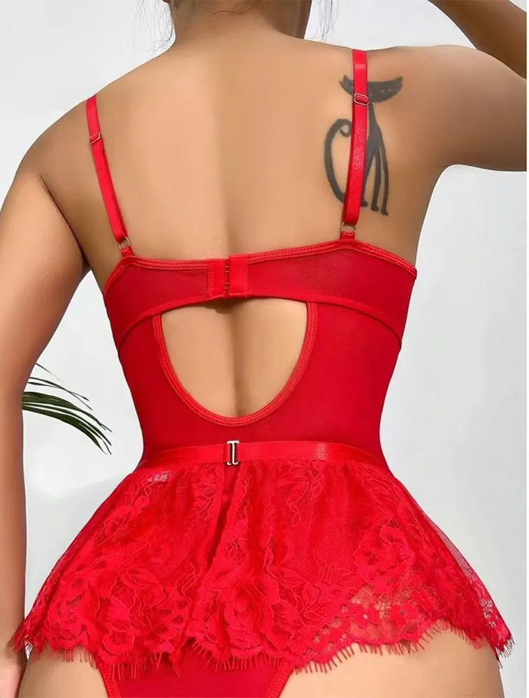 Lace Hollow Out Bodysuit Mini Skirt with Garter