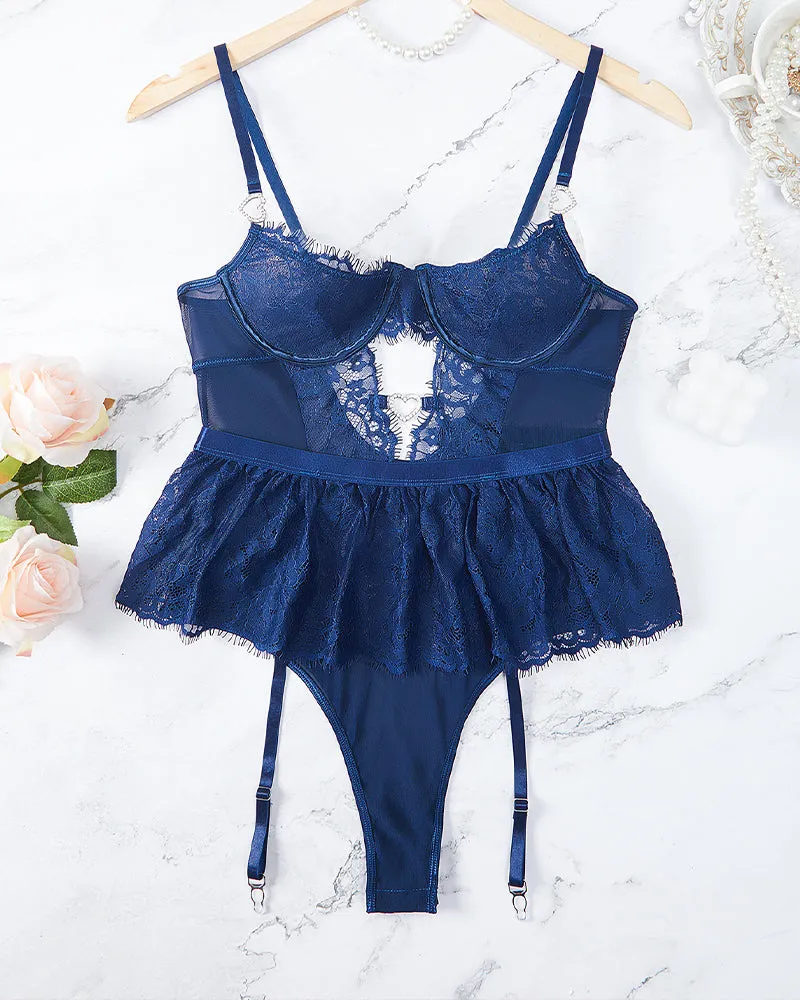 Lace Hollow Out Bodysuit Mini Skirt with Garter