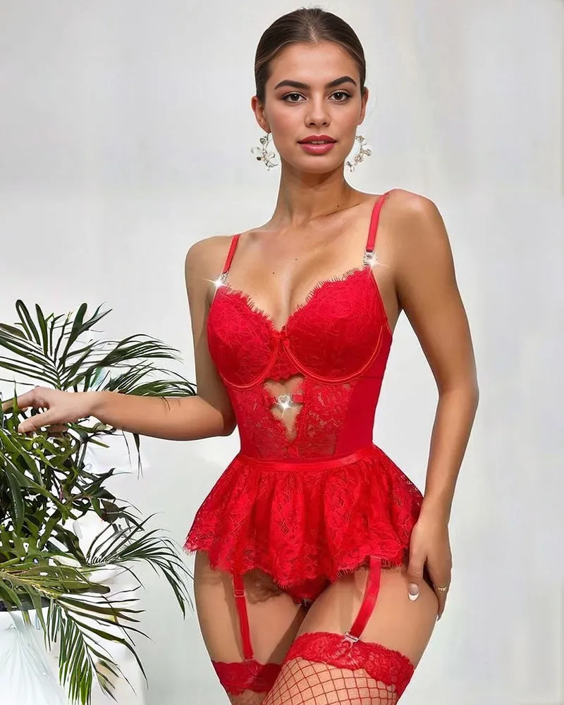Lace Hollow Out Bodysuit Mini Skirt with Garter