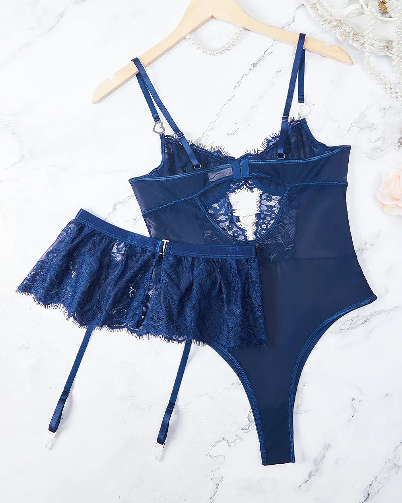 Lace Hollow Out Bodysuit Mini Skirt with Garter