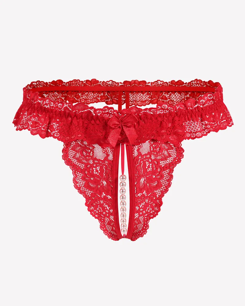 Lace Low Waist Thongs with Pearls Ball