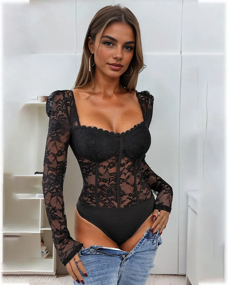 Lace Sheer Long Sleeve Bodysuit