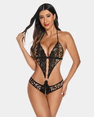 Leopard Deep V Lace Mini Bodysuit